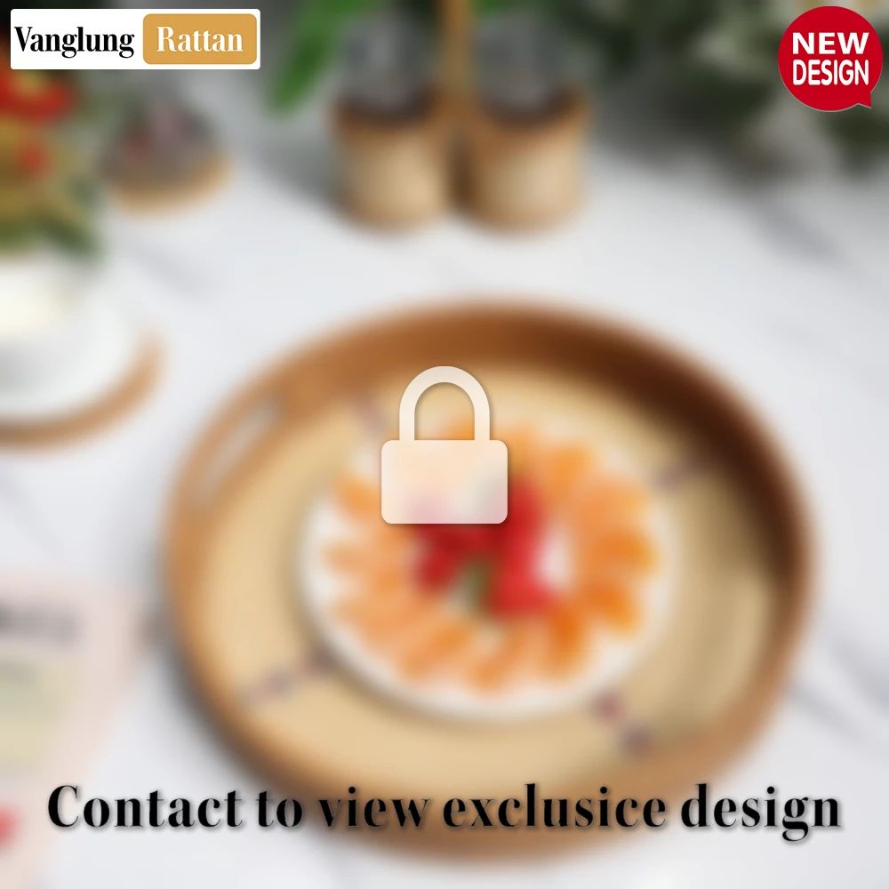 Round Honey Handwoven Bamboo Rattan Handles Serving Tray with Natural Twilled Twos Weave and Cross Blue and Red Pattern - STRO013003HS-2.webp