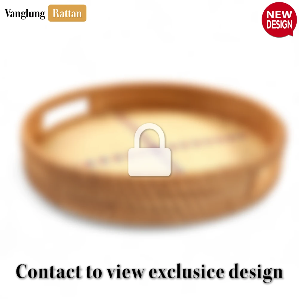 Round Honey Handwoven Bamboo Rattan Handles Serving Tray with Natural Twilled Twos Weave and Cross Blue and Red Pattern - STRO013003HS - ✨ Product Highlights