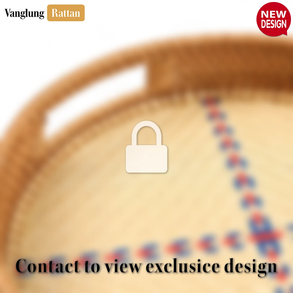 Round Honey Handwoven Bamboo Rattan Handles Serving Tray with Natural Twilled Twos Weave and Cross Blue and Red Pattern - STRO013003HS - 🏆 Why Choose VanglungRattan