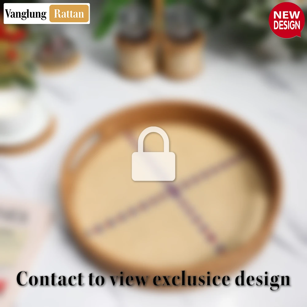 Round Honey Handwoven Bamboo Rattan Handles Serving Tray with Natural Twilled Twos Weave and Cross Blue and Red Pattern - STRO013003HS - Q: Is this tray suitable for hot items?