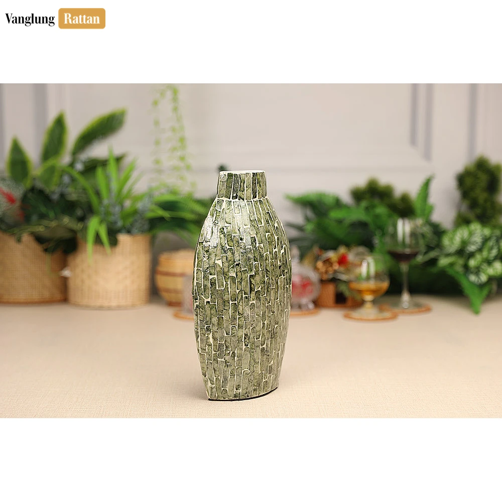 Emerald Green Mother of Pearl Mosaic Vase - Brick Pattern Christmas Décor - DCVA25005-2.webp