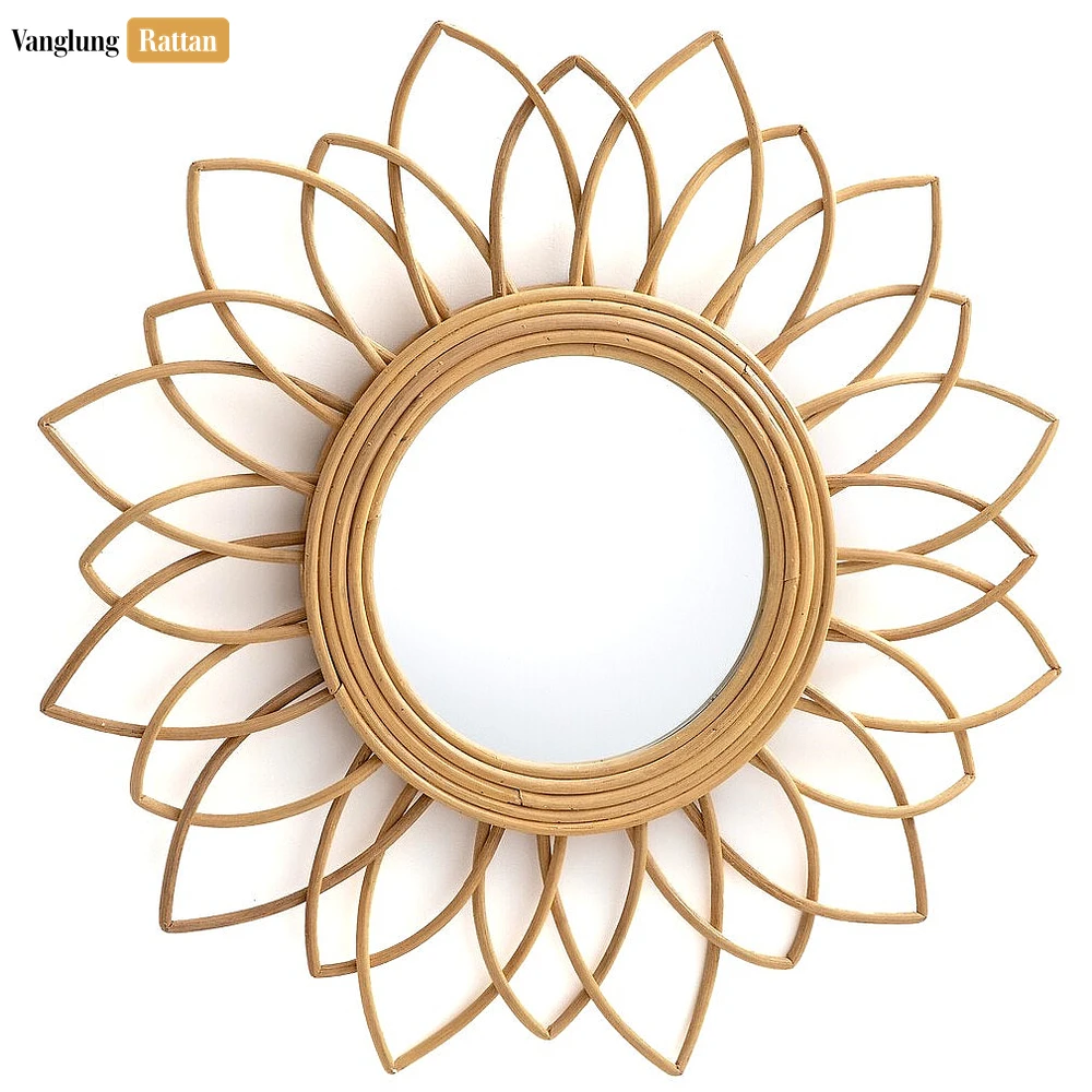 Handcrafted Coiled Bamboo Flower Blossom Mirror - Natural Sunflower Petal Home Decor Accent - DC0325011-1.webp