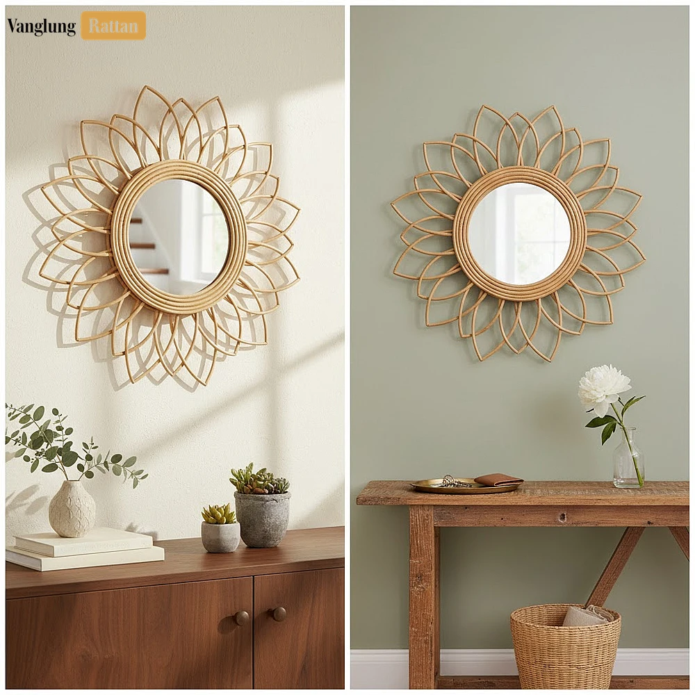 Handcrafted Coiled Bamboo Flower Blossom Mirror - Natural Sunflower Petal Home Decor Accent - DC0325011-2.jpeg.webp