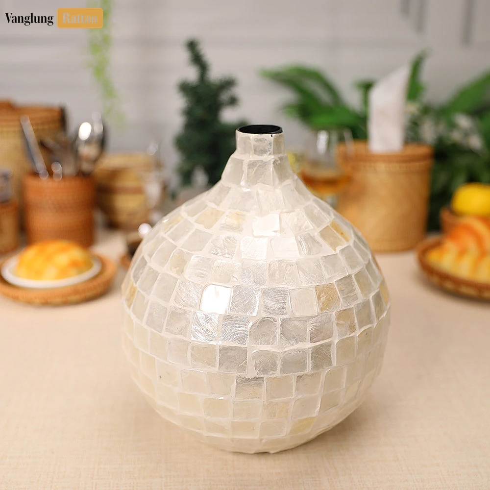 Handcrafted Mother of Pearl Mosaic Vase - Luxury Winter Holiday Accent for Flowers - DCVA25001-2.webp