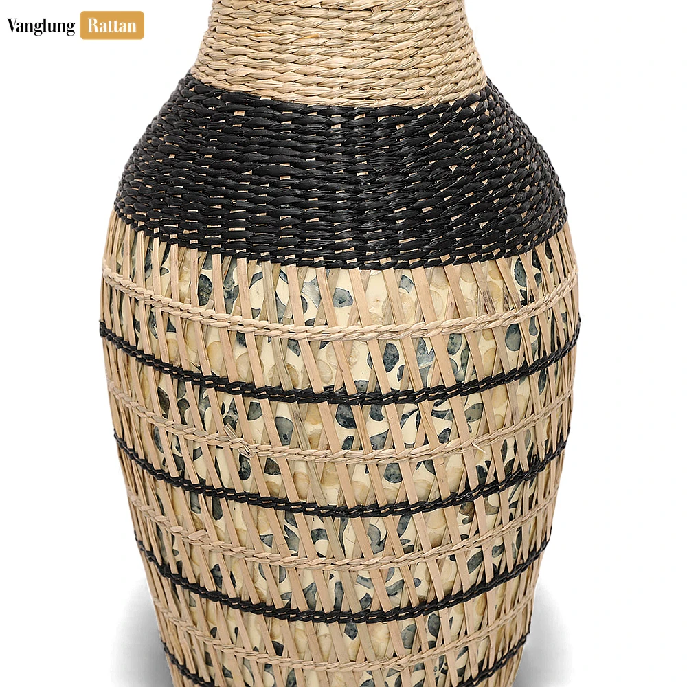 Handcrafted Natural Fiber Vase with Geometric Pattern - Elegant Holiday Statement Piece - DCVA27005-2.webp