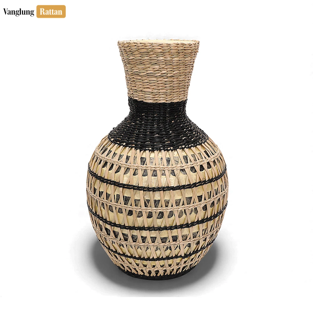 Handcrafted Natural Fiber Vessel with Graphic Black Weave - Festive Accent - DCVA27003-1.webp
