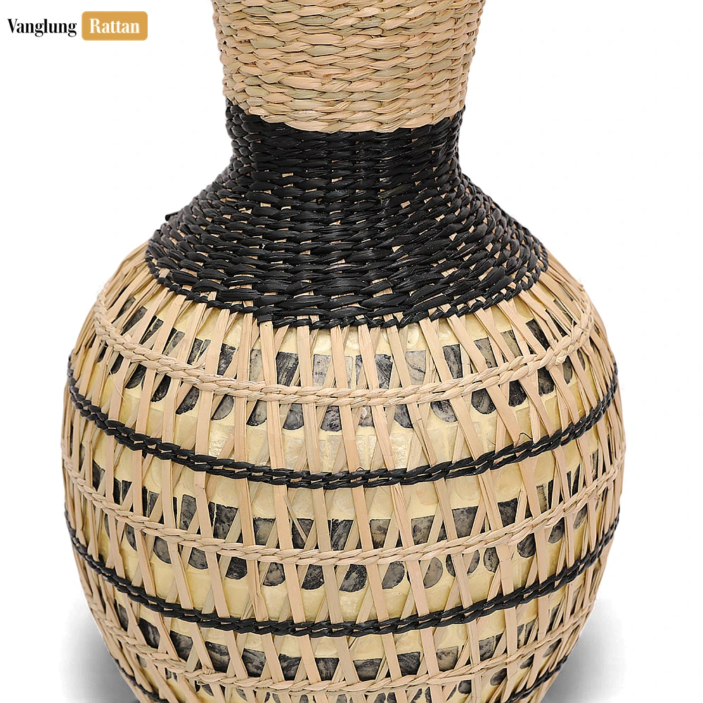 Handcrafted Natural Fiber Vessel with Graphic Black Weave - Festive Accent - DCVA27003-2.webp