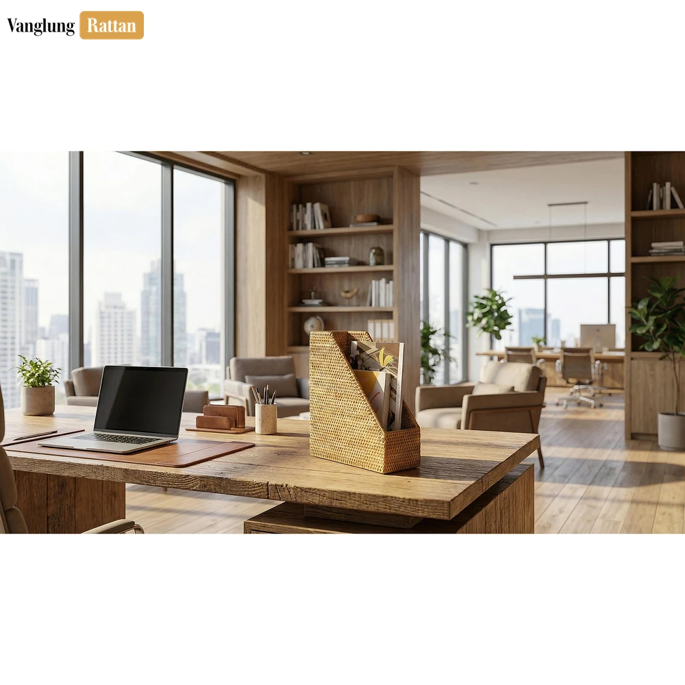 Handcrafted Slanted Rattan Desk Organizer - Sustainable Stationery Storage for Office Use - ST23005-7.webp