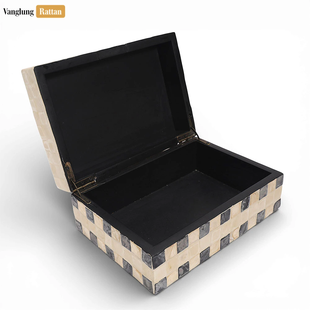 Mother of Pearl Checkerboard Decorative Box - Cream and Charcoal Shell Inlay Keepsake Organizer - TWH03008-2.webp