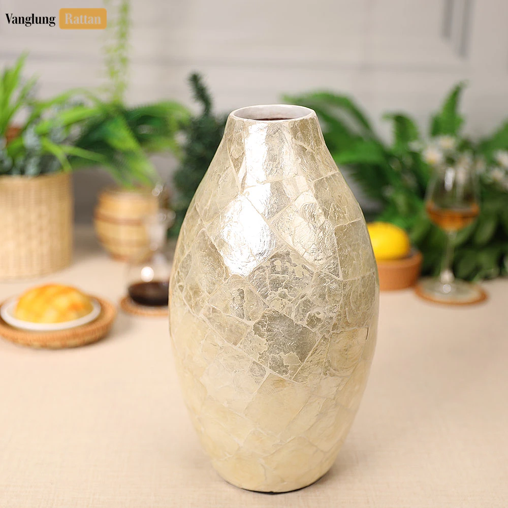 Mother of Pearl Shattered Shell Vase - Tall Oval Christmas Centerpiece - DCVA25004-2.webp