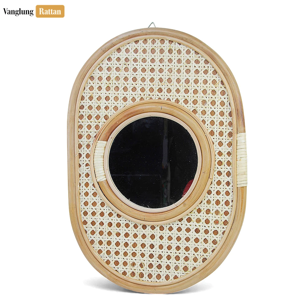 Oval Coiled Bamboo Bathroom Mirror - Natural Woven Cane Inlay Wall Décor - DC0325001-1.webp