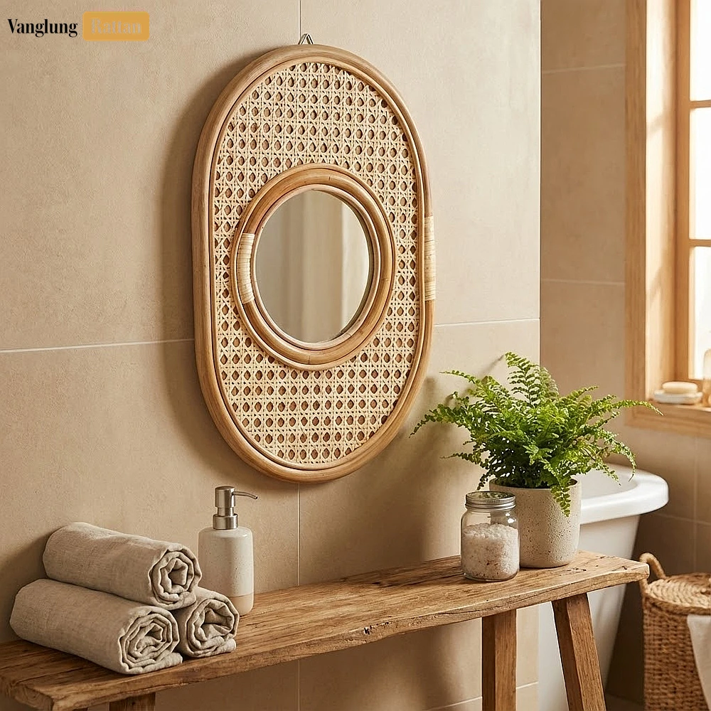 Oval Coiled Bamboo Bathroom Mirror - Natural Woven Cane Inlay Wall Décor - DC0325001-3.webp