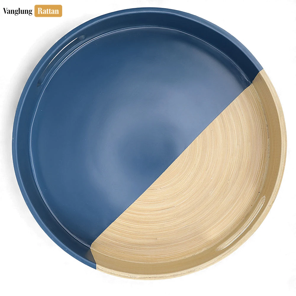 Round Coiled Bamboo Serving Tray - Modern Blue & Natural Color-Block Design-STRO061001BLU - Round Coiled Bamboo Serving Tray - Modern Blue & Natural Color-Block Design