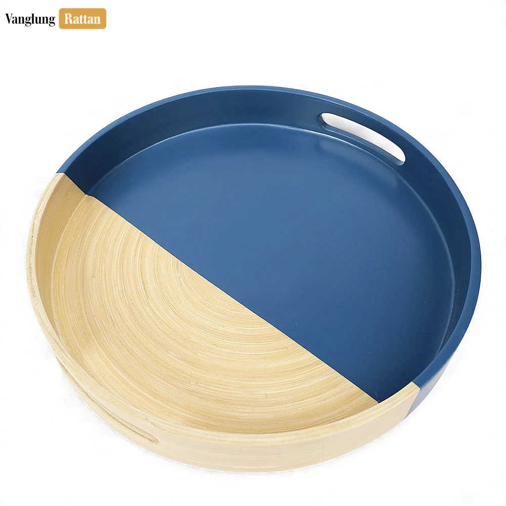 Round Coiled Bamboo Serving Tray - Modern Blue & Natural Color-Block Design-STRO061001BLU - 🎯 Applications