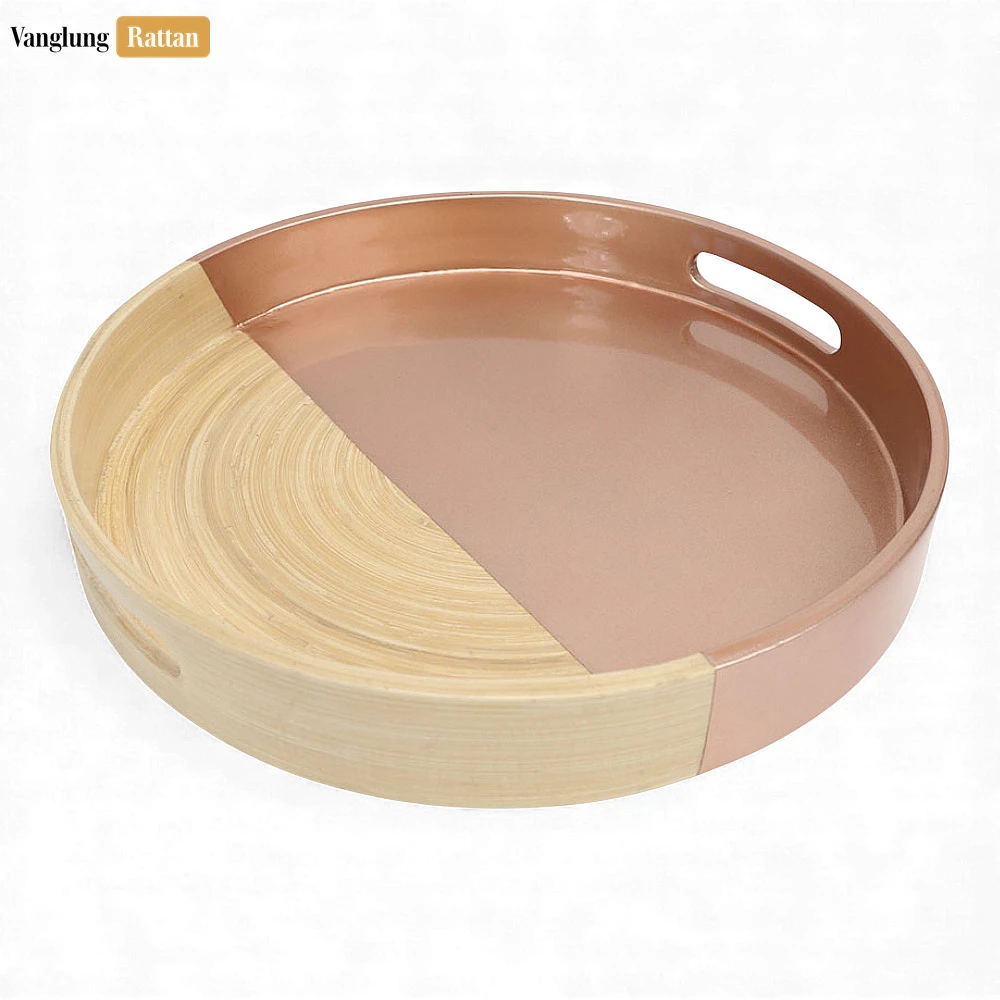 Round Coiled Bamboo Serving Tray - Modern Copper & Natural Color-Block Design-STRO061001CU - 🌿 Round Coiled Bamboo Serving Tray - Modern Copper & Natural Color-Block Design-STRO061001CU