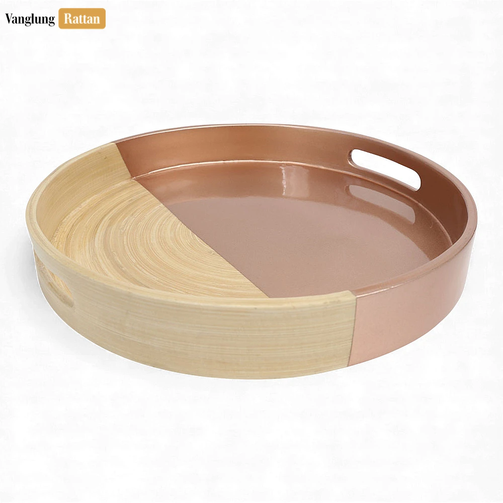 Round Coiled Bamboo Serving Tray - Modern Copper & Natural Color-Block Design-STRO061001CU - 🎯 Applications
