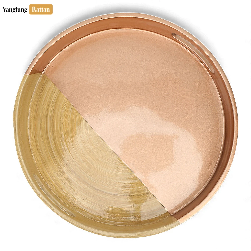 Round Coiled Bamboo Serving Tray - Modern Copper & Natural Color-Block Design-STRO061001CU - ✨ Product Highlights