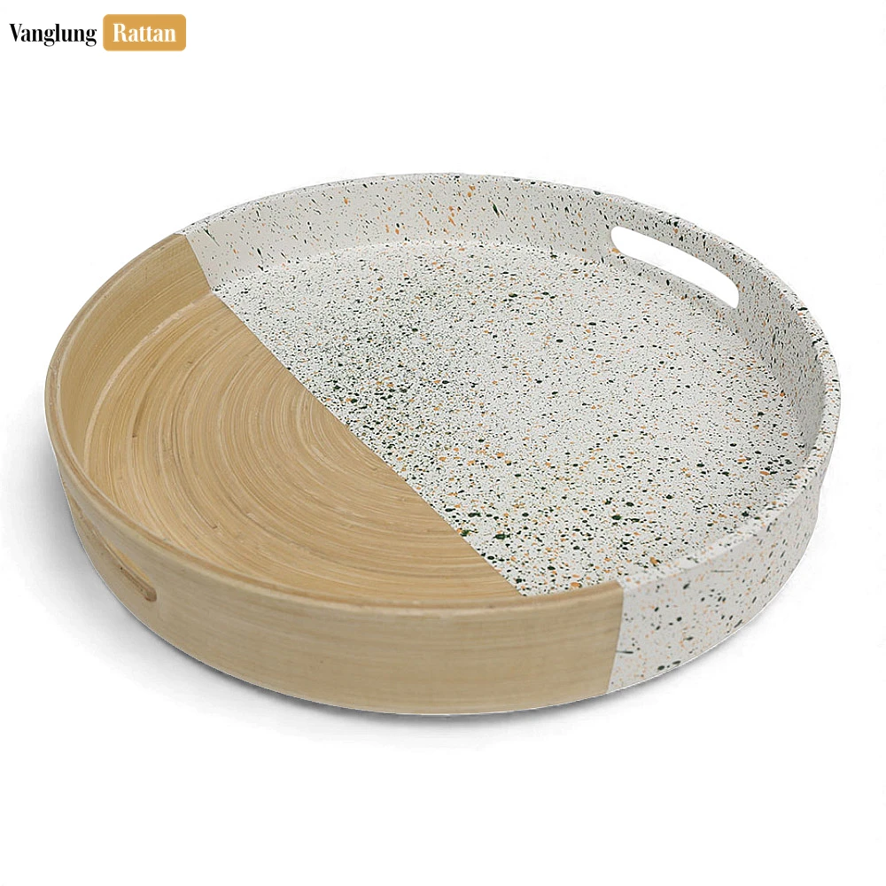 Round Coiled Bamboo Serving Tray - Modern Marble & Natural Color-Block Design-STRO061001MA - 🌿 Round Coiled Bamboo Serving Tray - Modern Marble & Natural Color-Block Design-STRO061001MA