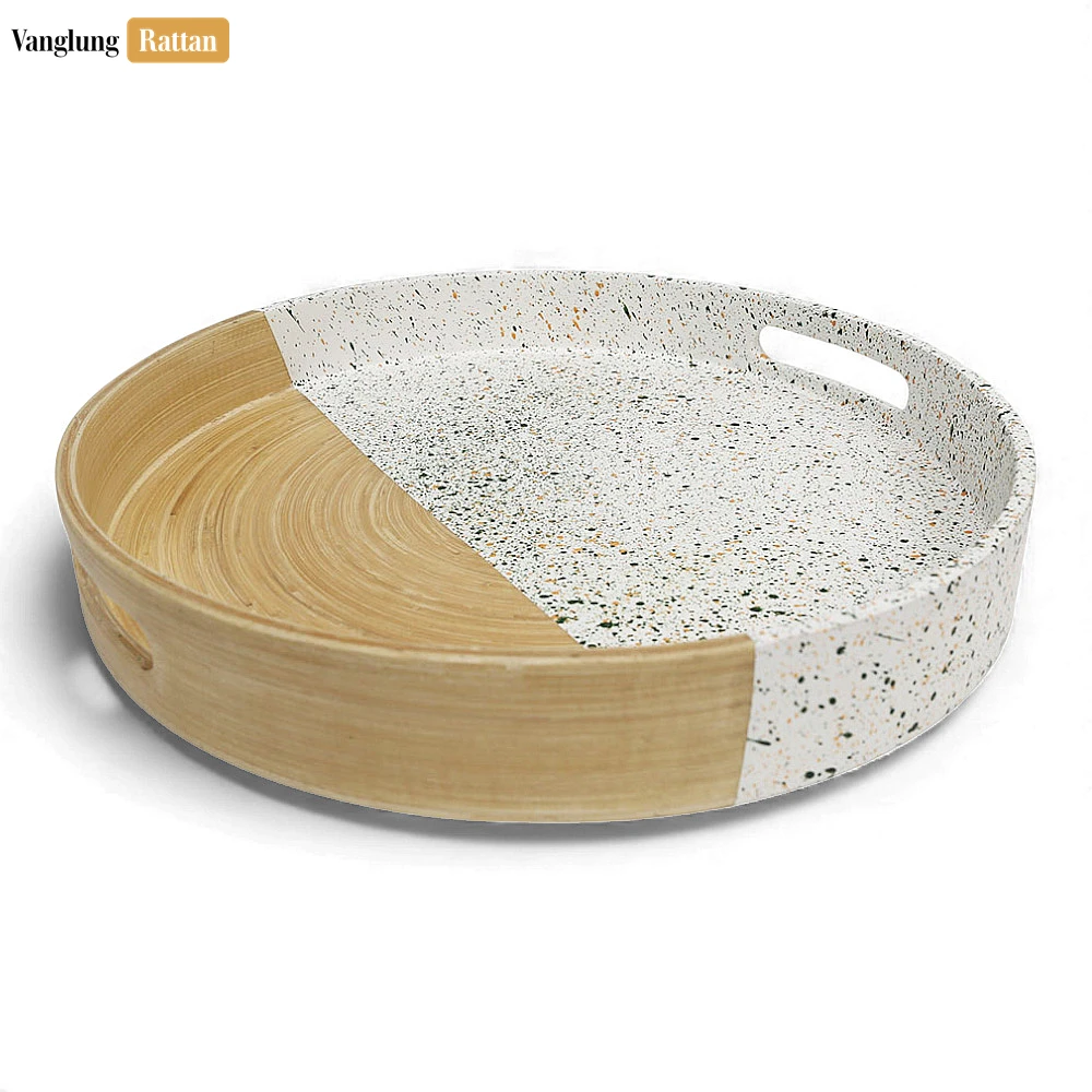 Round Coiled Bamboo Serving Tray - Modern Marble & Natural Color-Block Design-STRO061001MA - ⭐ Product Highlights