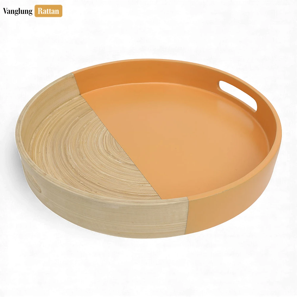 Round Coiled Bamboo Serving Tray - Modern Orange & Natural Color-Block Design-STRO061001OR - 🌟 Round Coiled Bamboo Serving Tray - Modern Orange & Natural Color-Block Design-STRO061001OR