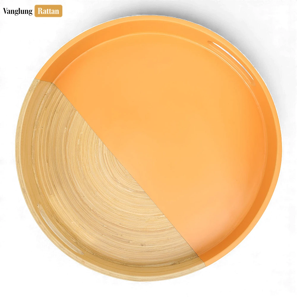 Round Coiled Bamboo Serving Tray - Modern Orange & Natural Color-Block Design-STRO061001OR - 🎯 Applications