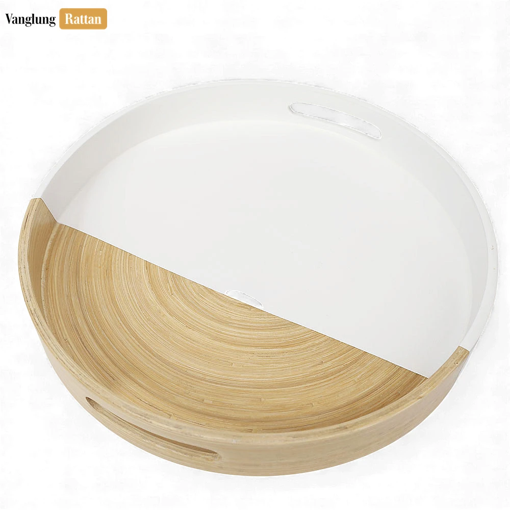 Round Coiled Bamboo Serving Tray - Modern White & Natural Color-Block Design-STRO061001WH - 🌿 Round Coiled Bamboo Serving Tray - Modern White & Natural Color-Block Design-STRO061001WH