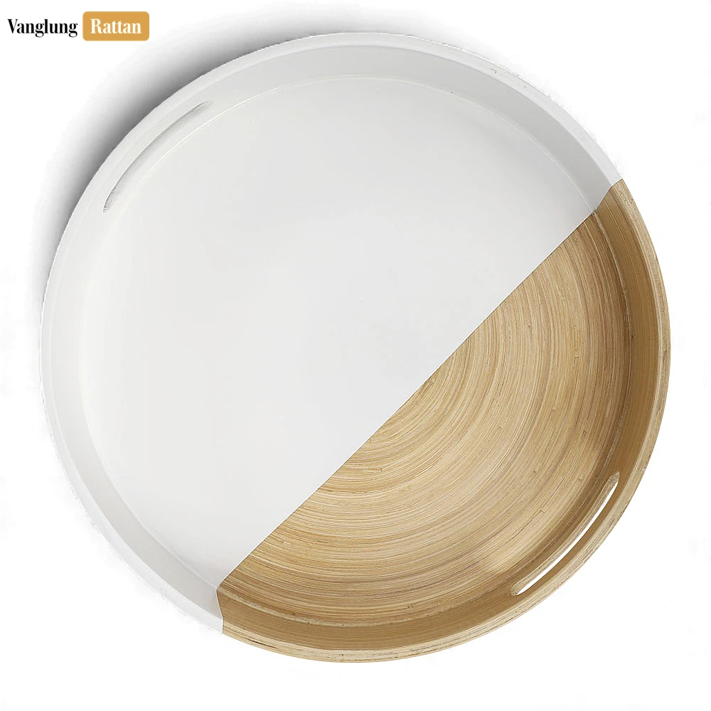 Round Coiled Bamboo Serving Tray - Modern White & Natural Color-Block Design-STRO061001WH - 🍽️ Applications