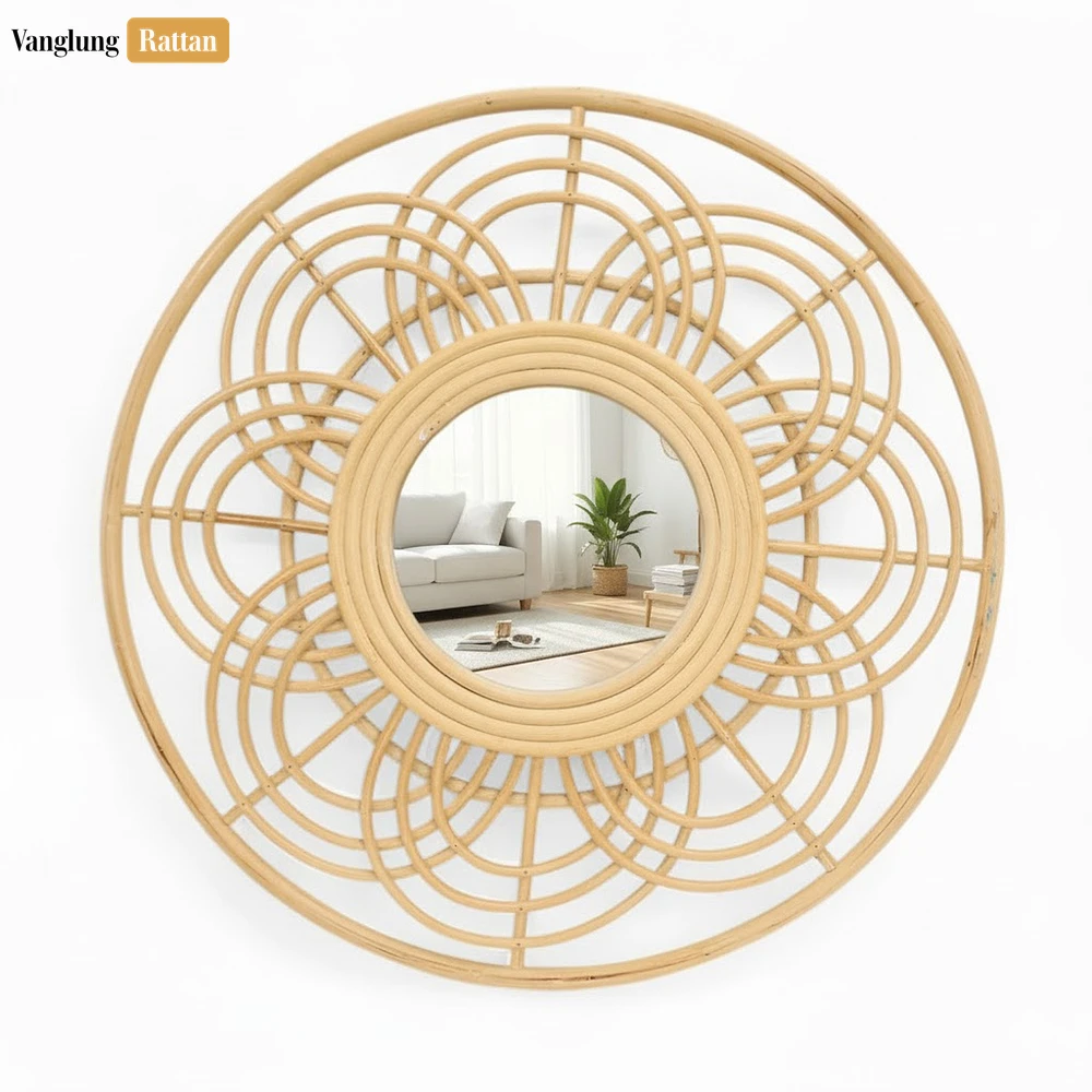 Round Coiled Bamboo Wall Mirror - Natural Floral Geometric Home Decor Accent - DC0325009-2.webp