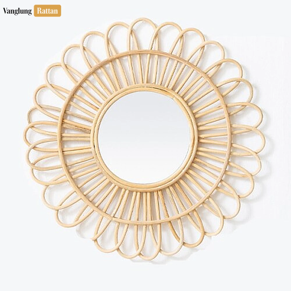 Round Coiled Bamboo Wall Mirror - Natural Sunflower Loop Home Decor Accent - DC0325012-1.webp