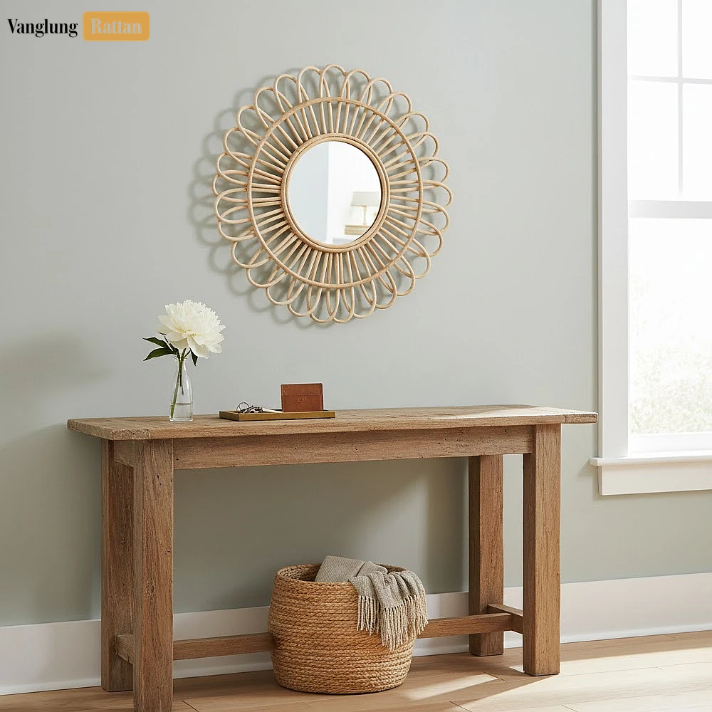 Round Coiled Bamboo Wall Mirror - Natural Sunflower Loop Home Decor Accent - DC0325012-2.webp