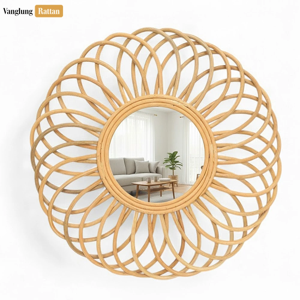 Round Coiled Bamboo Wall Mirror - Natural Swirl Geometric Home Decor Accent - DC0325010-2.webp