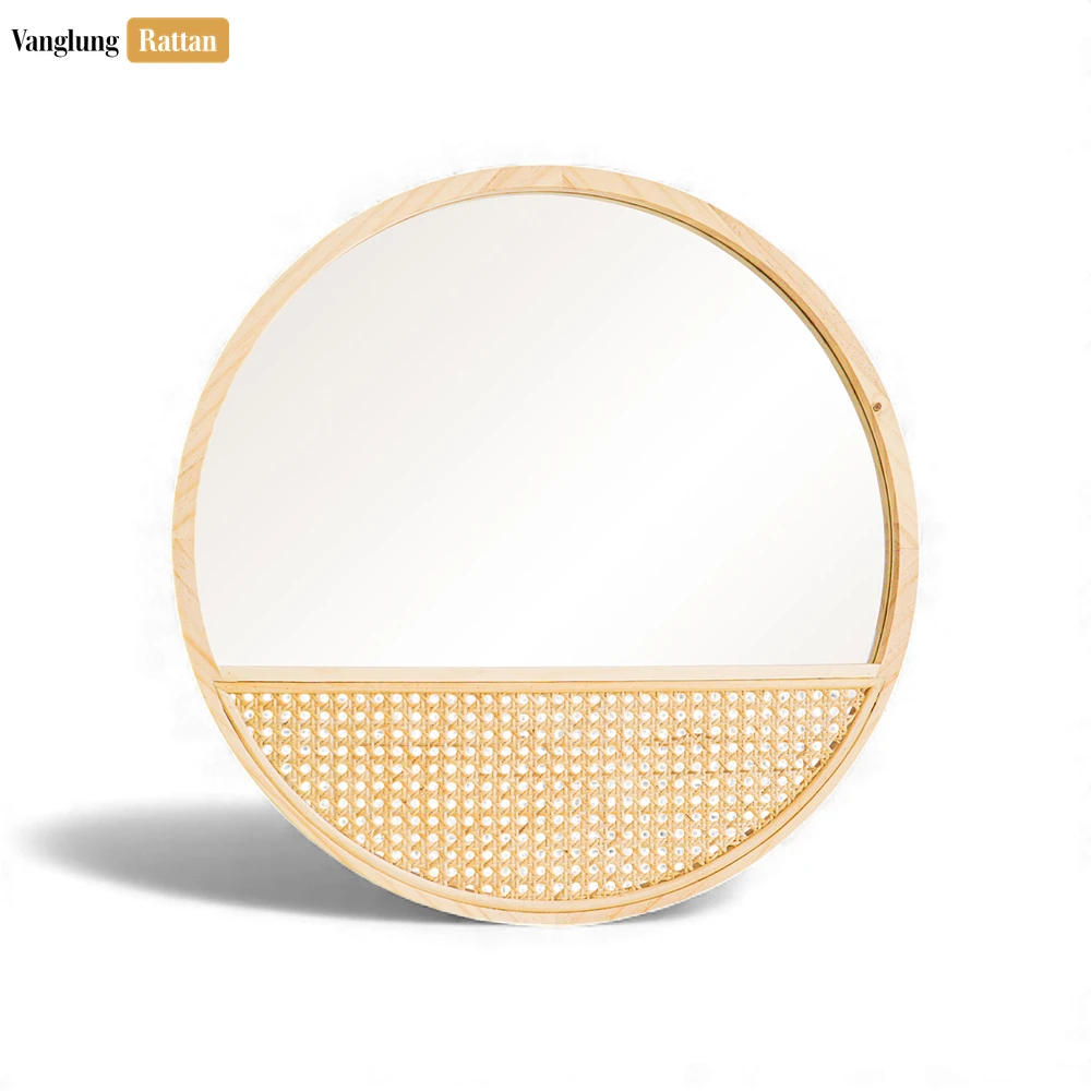 Round Coiled Bamboo Wall Mirror - Natural Woven Cane Webbing Inlay Home Décor - DC0325004-1.webp