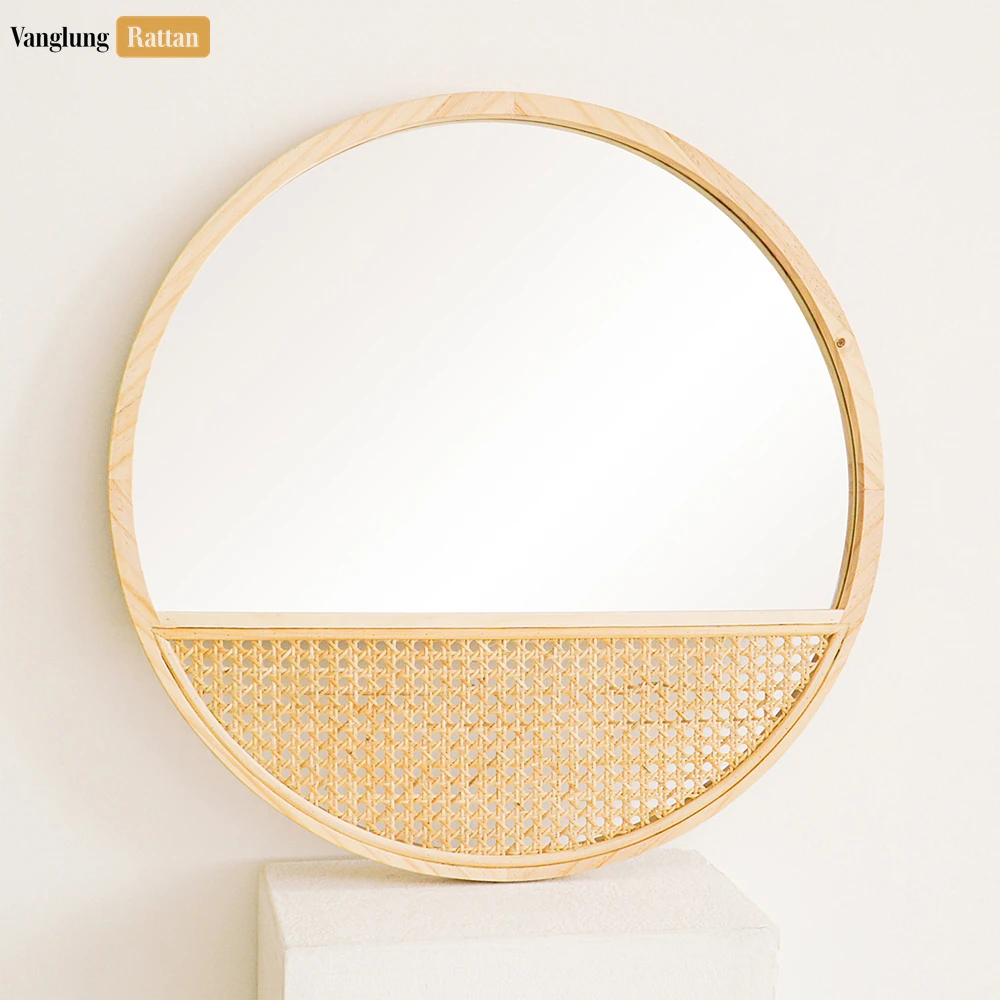 Round Coiled Bamboo Wall Mirror - Natural Woven Cane Webbing Inlay Home Décor - DC0325004-2.webp