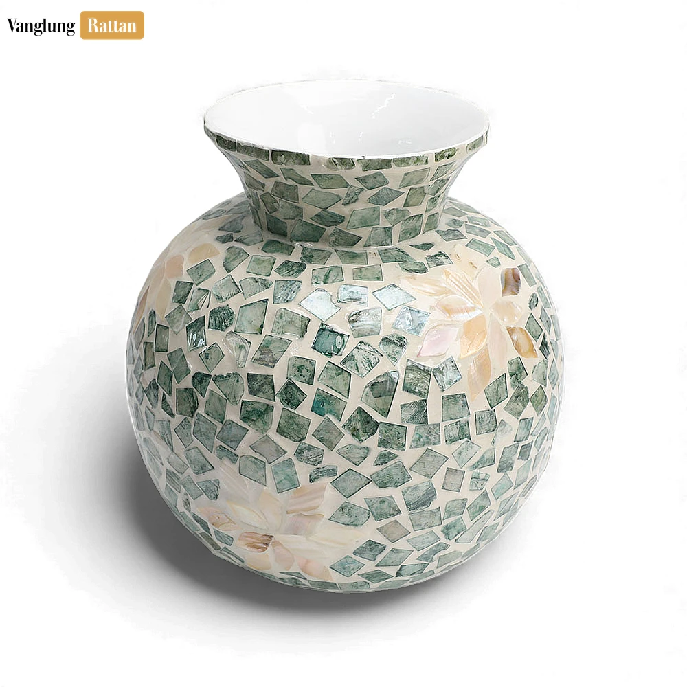 Seafoam Shell Tile Vase with Flower Design - Elegant Holiday Décor - DCVA25002-1.webp
