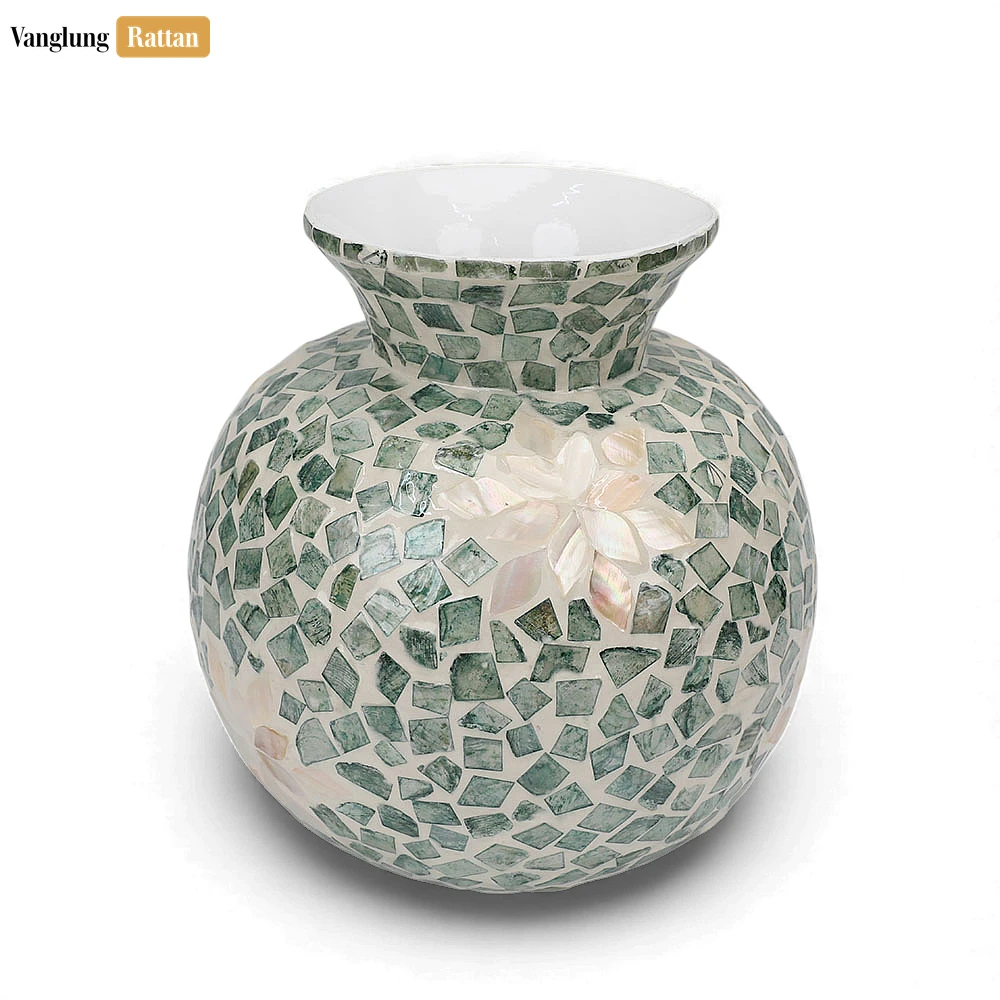 Seafoam Shell Tile Vase with Flower Design - Elegant Holiday Décor - DCVA25002-2.webp