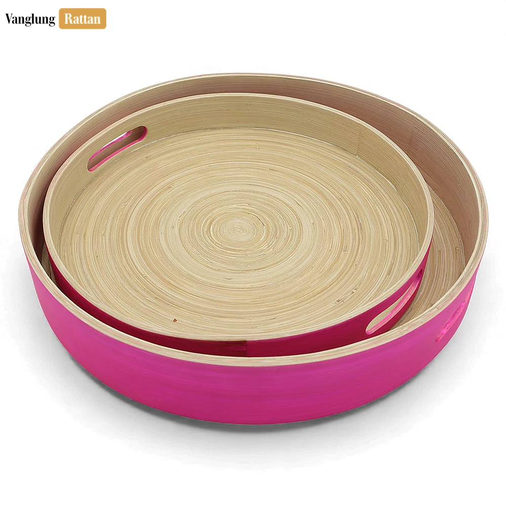 Set Round Coiled Bamboo Serving Tray - Modern Pink & Natural Color-Block Design-STRO061001PISE - Set Round Coiled Bamboo Serving Tray - Modern Pink & Natural Color-Block Design