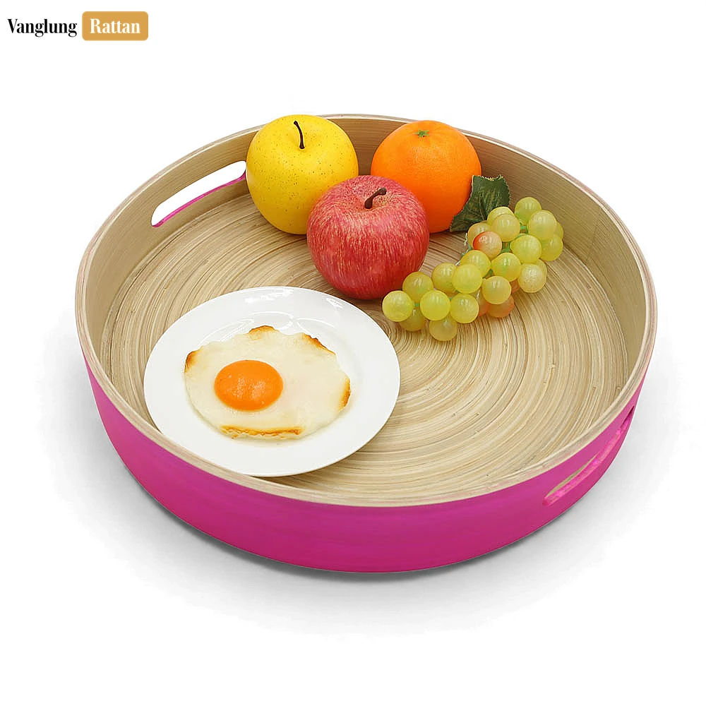 Set Round Coiled Bamboo Serving Tray - Modern Pink & Natural Color-Block Design-STRO061001PISE - 🌿 Product Overview