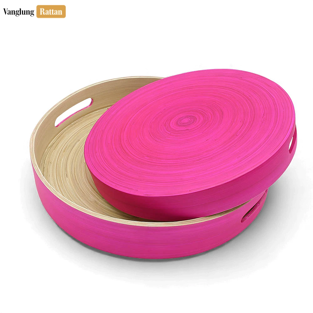 Set Round Coiled Bamboo Serving Tray - Modern Pink & Natural Color-Block Design-STRO061001PISE - 📏 Product Specifications