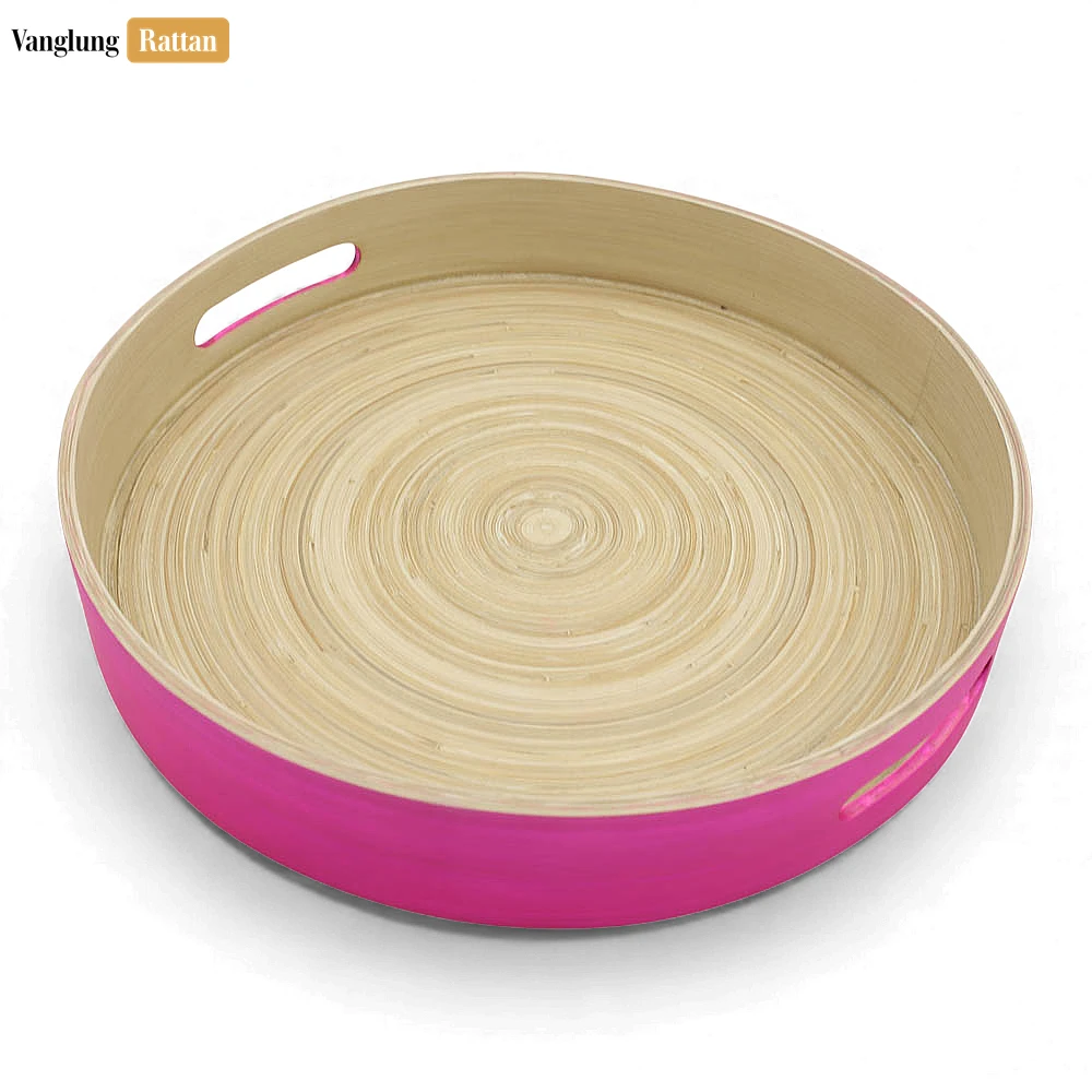 Set Round Coiled Bamboo Serving Tray - Modern Pink & Natural Color-Block Design-STRO061001PISE - 🍽️ Applications