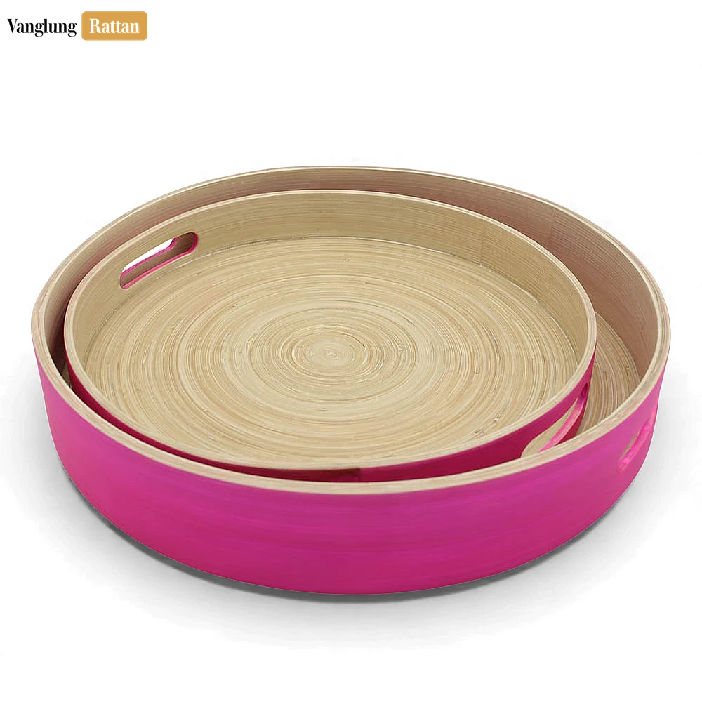 Set Round Coiled Bamboo Serving Tray - Modern Pink & Natural Color-Block Design-STRO061001PISE - ⭐ Product Highlights