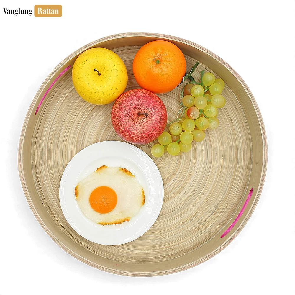 Set Round Coiled Bamboo Serving Tray - Modern Pink & Natural Color-Block Design-STRO061001PISE - 🏆 Why Choose VanglungRattan