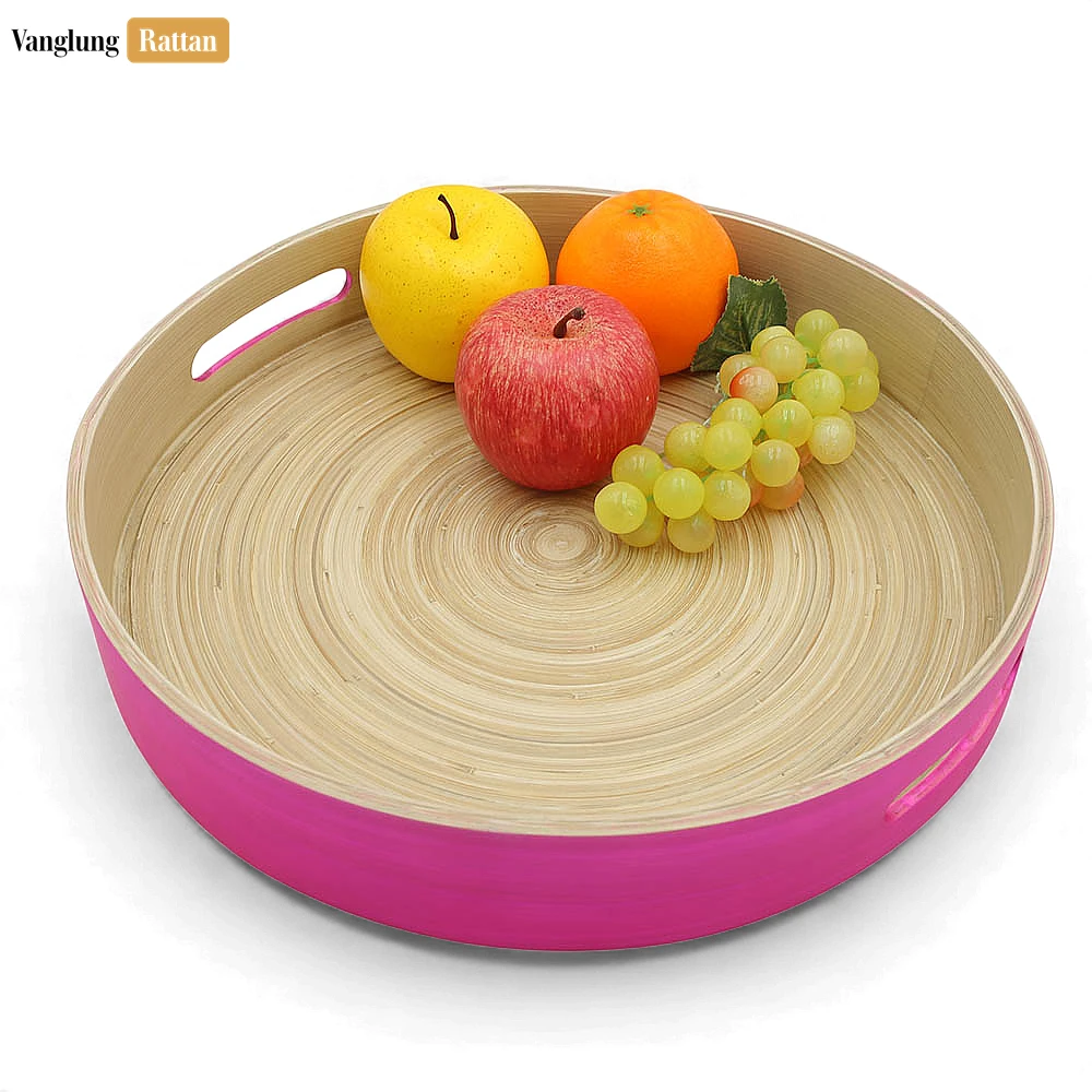Set Round Coiled Bamboo Serving Tray - Modern Pink & Natural Color-Block Design-STRO061001PISE - ❓ Frequently Asked Questions