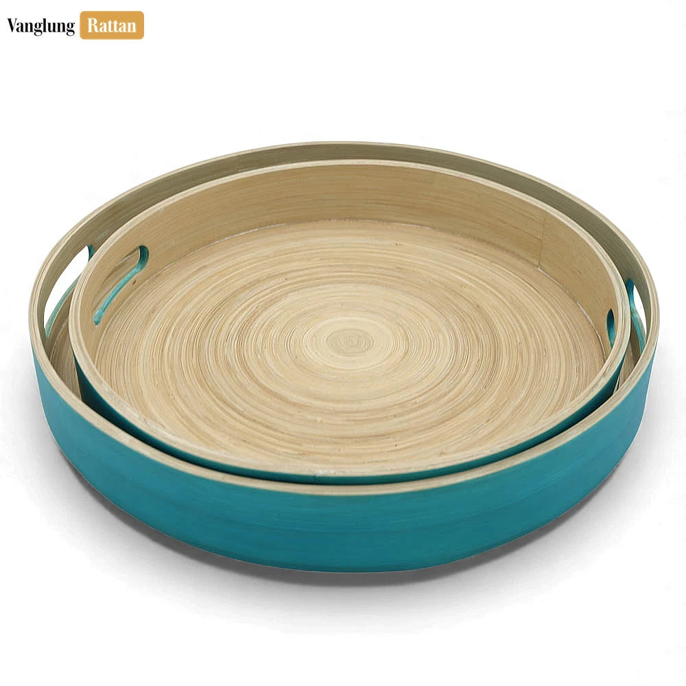 Set Round Coiled Bamboo Serving Trays - Nesting Blue & Natural Design-STRO061002BLSE - 🌿 Set Round Coiled Bamboo Serving Trays - Nesting Blue & Natural Design-STRO061002BLSE