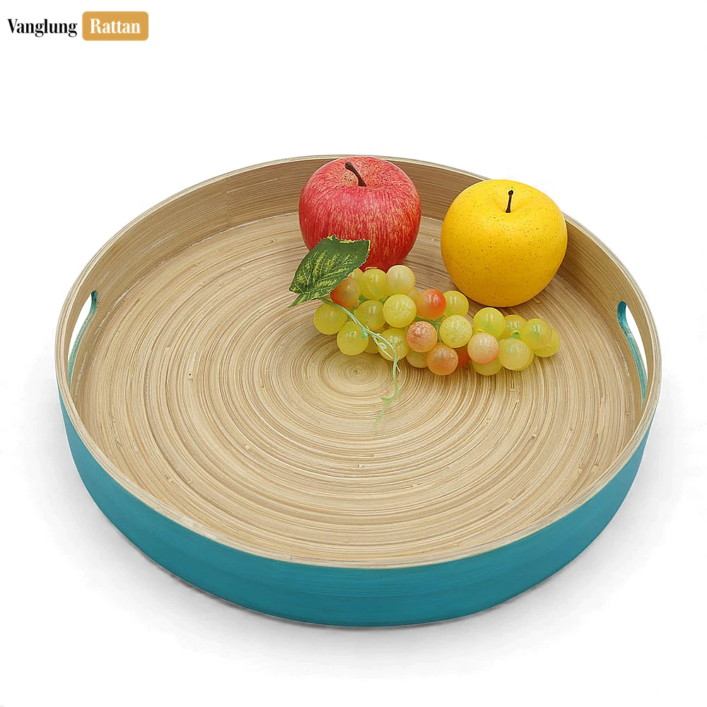 Set Round Coiled Bamboo Serving Trays - Nesting Blue & Natural Design-STRO061002BLSE - 🎯 Applications