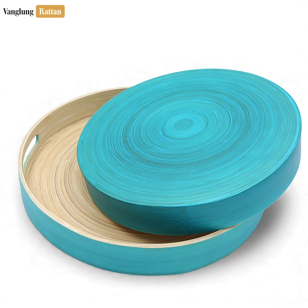 Set Round Coiled Bamboo Serving Trays - Nesting Blue & Natural Design-STRO061002BLSE - ✨ Product Highlights