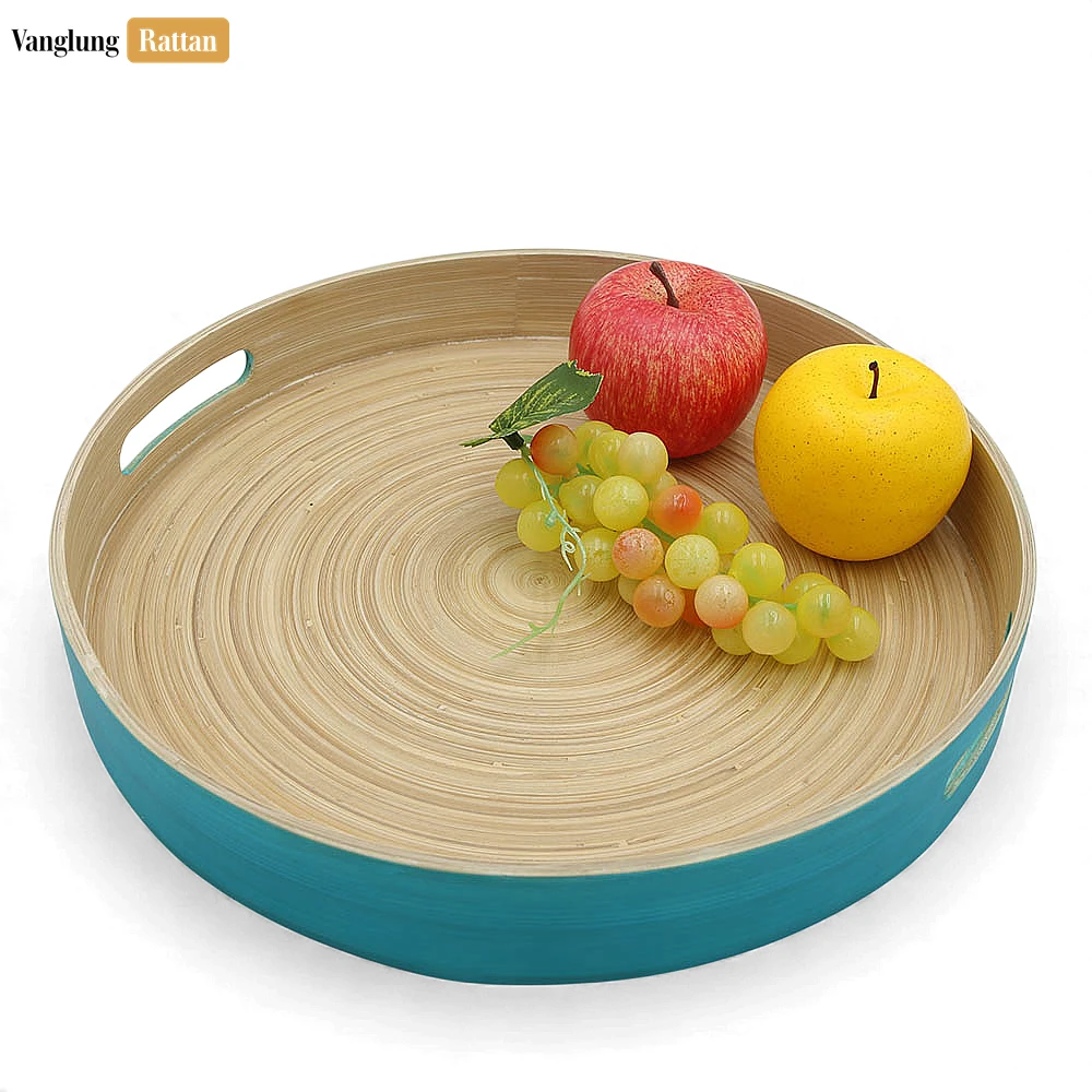 Set Round Coiled Bamboo Serving Trays - Nesting Blue & Natural Design-STRO061002BLSE - 🏆 Why Choose VanglungRattan