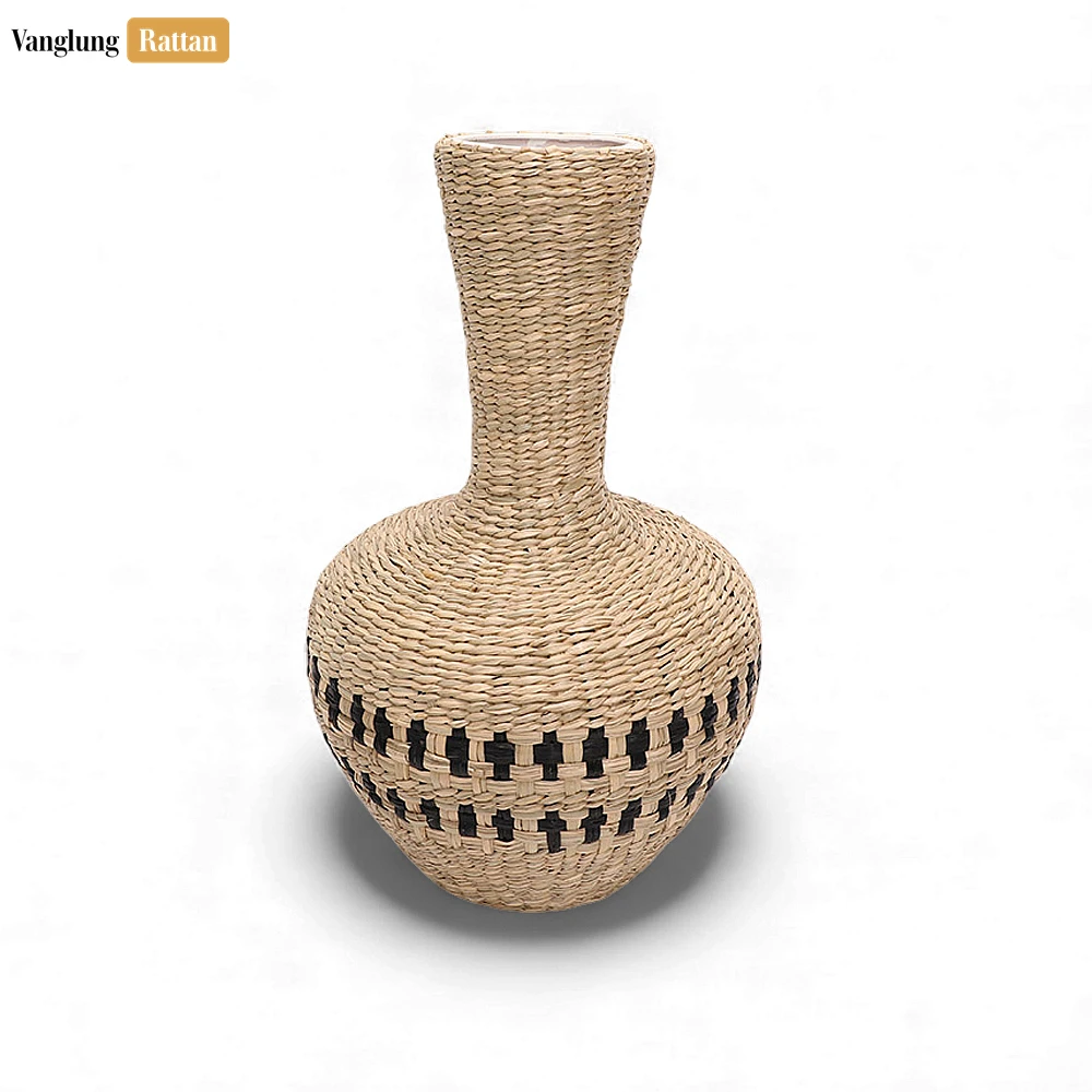 Tall Seagrass Woven Vase with Black Geometric Pattern - Boho Christmas Décor - DCVA27001-1.webp