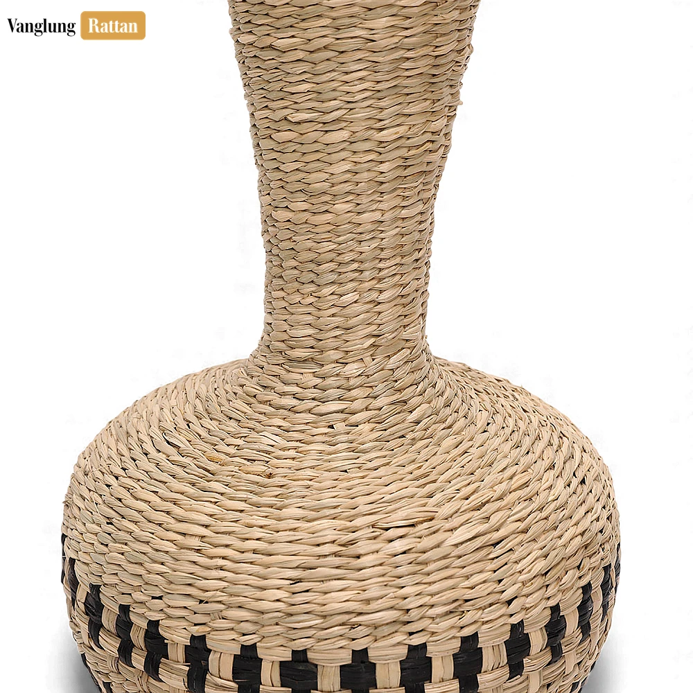 Tall Seagrass Woven Vase with Black Geometric Pattern - Boho Christmas Décor - DCVA27001-2.webp
