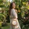 Round Rattan Wicker Straw Crossbody Bag with Mother of Pearl Inlay - Premium fashion bag manufacturer - BG013012-1.webp
