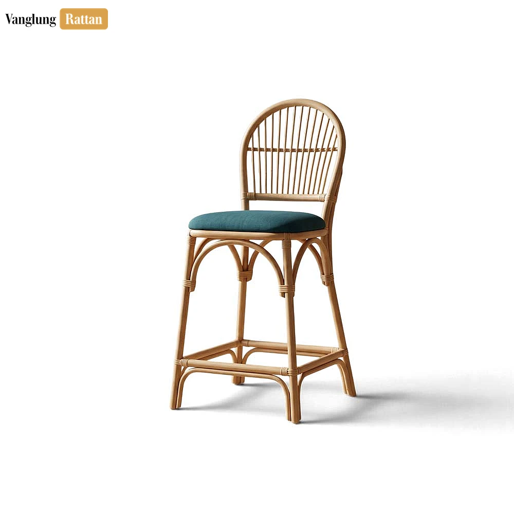 Boho High Spindle Back Bamboo Rattan Bar Chair Teal Cushion - ODM Product Manufacturer Factory - RAFU261007-1.webp